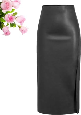 HESYSUAN Jupes longues en cuir pour femmes, jupe d'hiver longue en cuir noir taille haute avec fente en similicuir jupe crayon ligne A