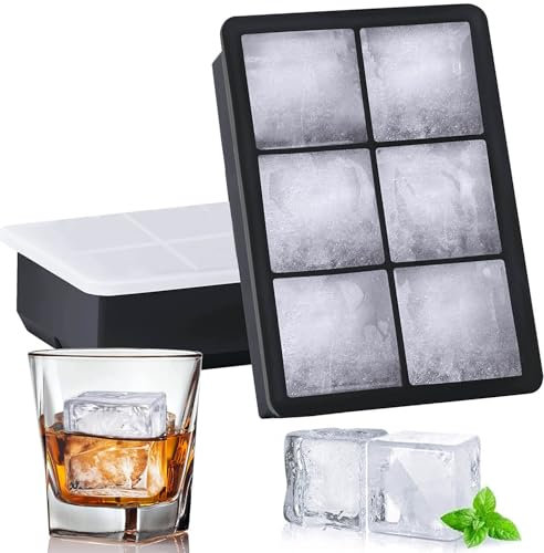 Jisile Vassoi per cubetti di ghiaccio in silicone, confezione da 2, grandi stampi quadrati per cubetti di ghiaccio a 6 cavità, con coperchio resistente alle fuoriuscite, per whisky, cocktail e bevande