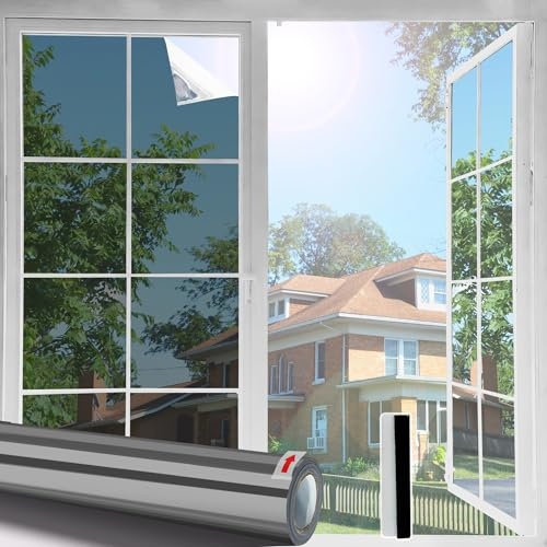 Linarun Reflective Window Film 44.5x400cm UV Window Film Privacy Film for Glass Windows Mirror Window Tint Film Home Anti Glare Sun Blocker Heat Reducing, Black Silver, Static Cling
