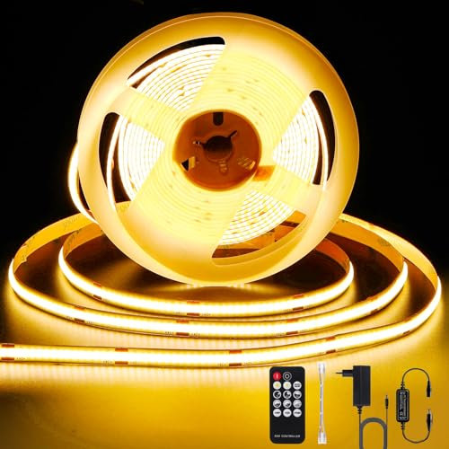 ANTENLICHT COB LED Streifen 2M Warmweiss 2700K 19W LED Stripe Dimmbar mit Fernbedienung, CRI90+, 24V 8mm Breite LED Band Leiste, DIY Lichtband Selbstklebend Kürzbar für Home Dekoration, Beleuchtung
