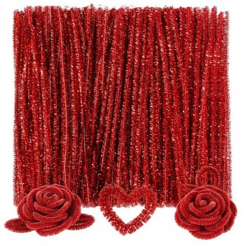 Caydo 200PCS Glitter Red Pipe Cleaners, Thick Fluffy Chenille Stems Bulk
