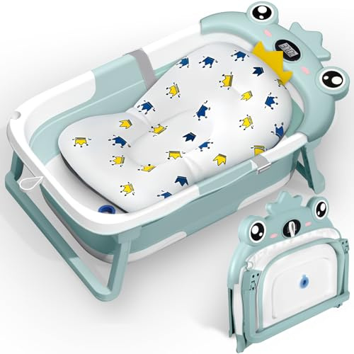 ZHHGOO Bañera Plegable Bebe, Bañera Bebe con Termometro y Cojín, Bañera Bebe Portátil, Reductor Bañera Bebe, Bañera de Bebe para Recién Nacidos y Niños de 0 A 36 Meses (Verde)