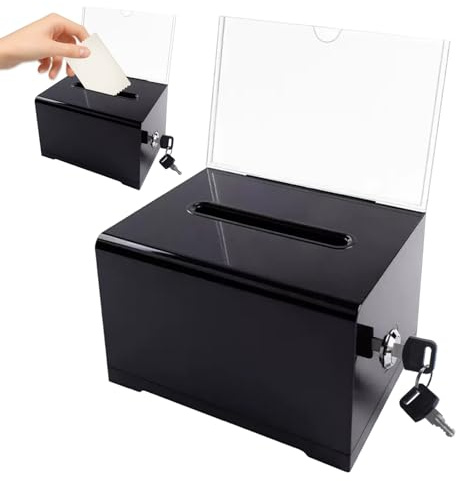 Scatola per Donazioni in Acrilico, scatola per offerte chiudibile con lucchetto e porta targhetta, Scatola per suggerimenti in plastica con fessura per biglietti da visita, votazioni (16x10x12cm)