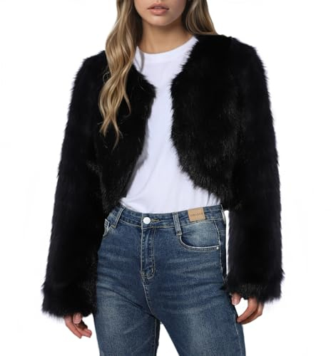 Jywmsc Abrigo de Piel Sintética para Mujer Chaqueta Corta Abrigo Corto y Mullido de Invierno Cárdigan de Manga Larga
