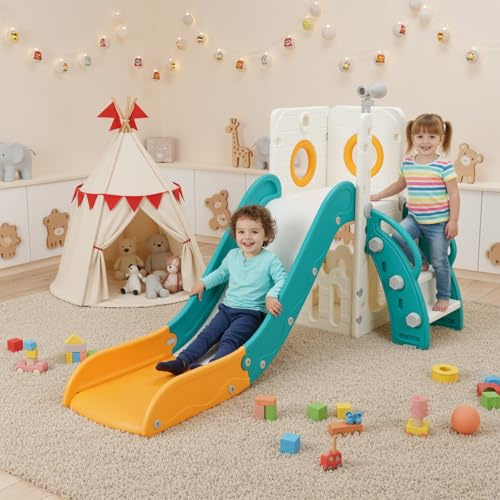 MAMIZO Schaukel Rutsche, 5-in-1 Kinderrutsche mit Schaukel, Klettergerüst,Teleskop, Aufbewahrung, Indoor und Outdoor Freistehende Rutsche, Spielplatz für Kleinkinder, für Max 60KG, 2PCS Moduls