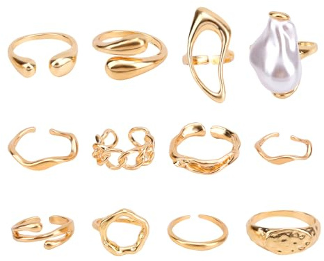 12st Chunky Guldringar för Kvinnor, Barock Pärla Statement Ringar Justerbara Stapelbara Knuckle Ring Set Boho Mode Smycken för Bal Kostym