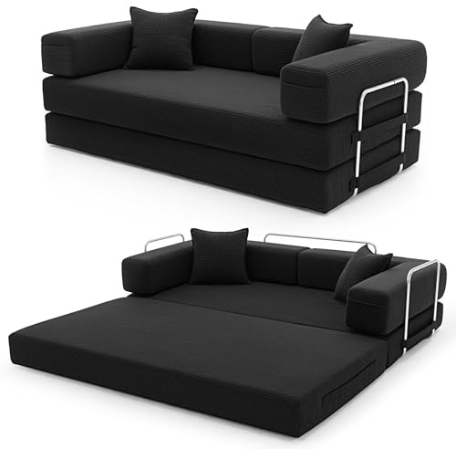 YINIX Faltbares 3 Sitzer Gästebett Klappbar SchlafsofaBreite XXL Bett, Modulares Bodensofa, Cord Wolkensofa mit Metallrahmen, rutschfest, Waschbar (Schwarz, 200, Zentimeter)