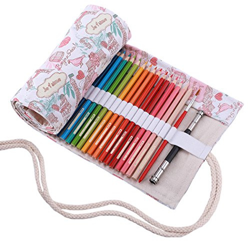 Amoyie Leinwand Stifterolle für 48 Buntstifte, Hand Roll-up Mäppchen für Reisen/Schule/Büro/Kunst (Keine Schreibzeuge im Lieferumfang), Turm