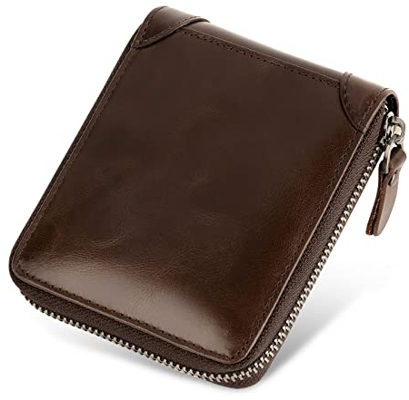 WACCET Leder Geldbörse Herren RFID Schutz Geldbeutel Männer Klein mit Reißverschluss und 8 Kartenfächer, Vintage Portemonnaie Herren Brieftasche Herrengeldbörse Echtleder (Braun)