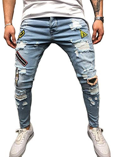 GUOCU Jeans Rasgados Hombres Pantalones Vaqueros Rotos Pantalón Casuales Biker Jeans Azul M
