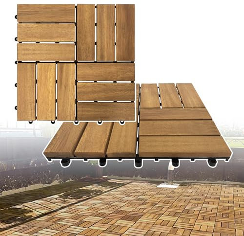 Froadp Suelos de Madera Acacia para Exterior, 30x30cm Baldosas para Terrazas, Cubiertas de Jardín impermeables con Sistema de Drenaje, Piso Antideslizante Tablas para Balcón Piscina Patio(1m², Tipo B)