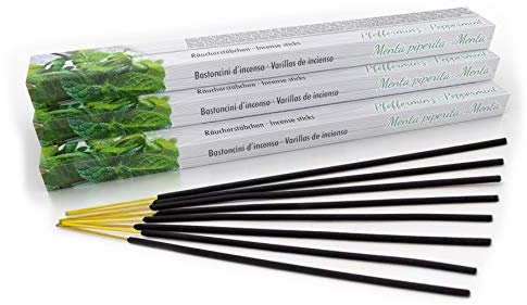 Bastoncini d'incenso premium alla menta piperita: tradizionalmente dall'India in produzione equa. Confezione in serie con 10 scatole = 80 pezzi ogni 45min. Fresco per la pulizia della casa
