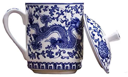 TOPBATHY Chinese Mug with Lid, Chinese Tea Set, Tea Infuser Mug with Lid, Porcelain Teacup, Blue and White Ceramic Coffee Cup Set for Loose Leaf Home Office Holiday Kitchen