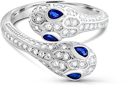 Tiramisu | 925 Sterling Silber Rhodinierter Schlangen-Ring mit Zirkonia | Damenschmuck | Verstellbare Größe | Weiße und Rote Steine | Funkelnd | Elegantes Geschenk | Geschenkbox | Blau