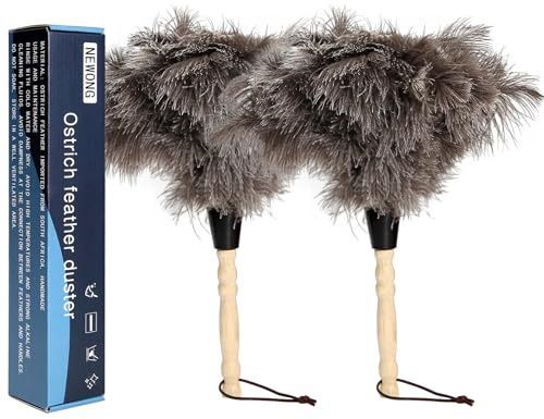 2pcs Ostrich Feather Dusters Natural Feathers Duster with Wooden Handle Natural Ostrich Feathers for Home Cleaning and Office Finishing Duster(2pcs，Length14”