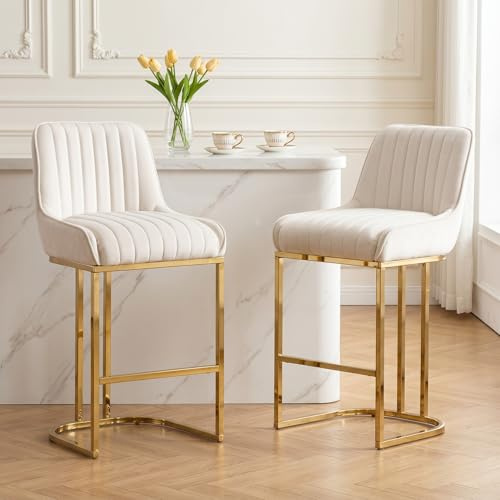 chairus Sgabelli da bar Set di 2 in Velluto Cucina Colazione Sedie Alte da Bar con Schienale Sgabelli da Tavolo con Gambe in Metallo(Beige-2)