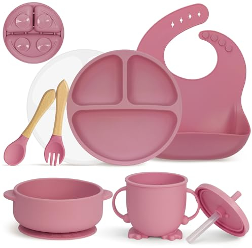 MOJINL Silikon Baby Geschirrset, Rutschfest Kindergeschirr Set mit Saugnapf, 7 Stück BPA Frei Esslernbesteck Sets mit Löffel Gabel Schüssel Lätzchen Baby Becher Trinklernbecher und Teller mit Deckel