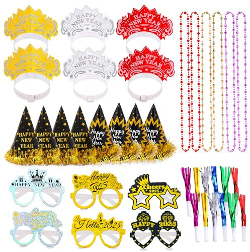 Echehi Decoracion de Cotillon Nochevieja 2025, 44 Pcs Decoraciones de Feliz Año Nuevo 2025 Incluidos Sombreros de Fiesta, Tiaras, Anteojos, Collares, Silbatos Para Fiestas Para Happy New Year 2025