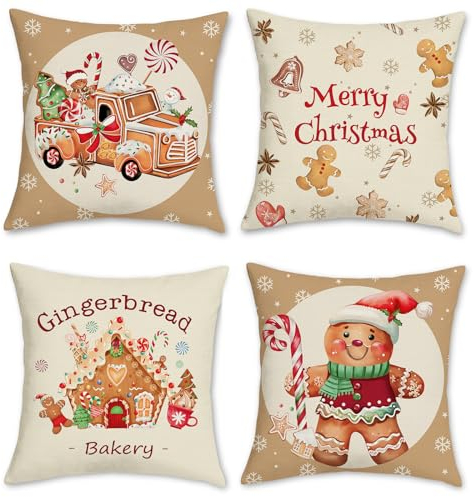 Bonhause 4er Set Kissenbezüge Weihnachten Lebkuchen 45 x 45 cm Männerhaus LKW Xmas Bäckerei Polyester Leinen Dekorative Kissenhülle Zierkissenbezüge für Sofa Winterurlaub Dekoration