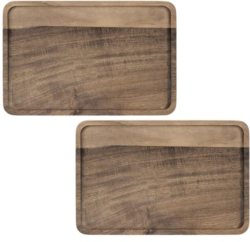 FAAING Lot de 2 plateaux rectangulaires en bois d'acacia - 30 x 20 cm - Grand plateau décoratif en bois - Plateau de service rectangulaire pour petit déjeuner, cuisine
