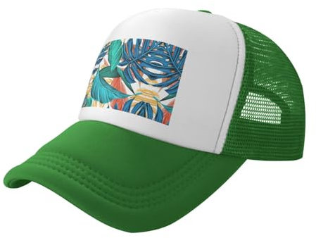 MDATT Men Women Washed Adjustable Dad Hat for Outdoors,Flat Bill Snapback with High Ponytail Design,Tropical Palm Leaf Print Green