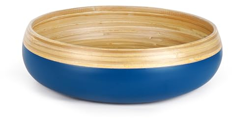 Jungle Culture® Large Bamboo Fruit Bowl • Eco Friendly Wooden Salad Serving Bowls • Stylish Handmade Fruit or Salad Bowl in Blue • Wood Bread Basket for Kitchen • Table Centerpiece Decoration
