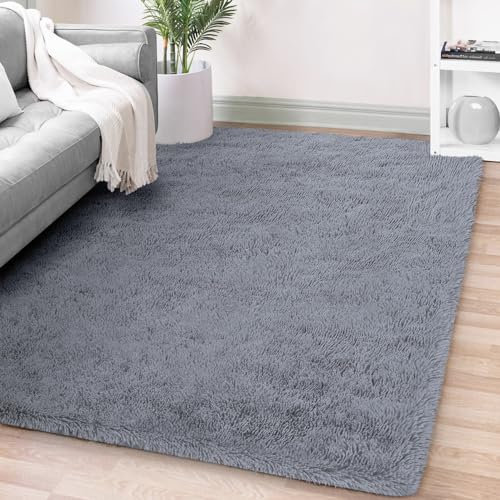 FVVRAX Flauschiger Hochflor Teppich 120x180 cm Grau | Extra weicher Shaggy Teppich rutschfest für Wohnzimmer Schlafzimmer | Kuscheliger Bodenteppich für Kinder Haustiere