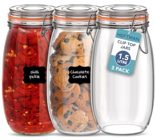 HEFTMAN Glass Clip Top Jar Set of 3-1.5L Airtight Glass Jars with Lids and Silicone Seal for Pasta, Sourdough Starter, Chutney - Kitchen Organisation Empty Glass Storage Jars (1500ml - 3 Pack)