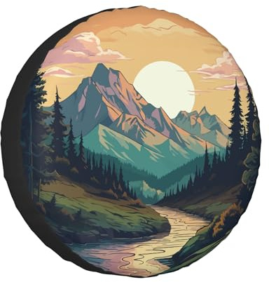 Spare Tire Cover for RV Camper Trailer Mountains Forest Nature Sunset Scenery, Weatherproof Universal Wheel Cover for RV Travel Trailer Camper Truck 15inch