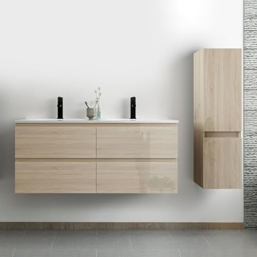 Acezanble Ensemble Meuble Salle de Bain 120 cm Chêne Wotan Brillant avec 4 tiroirs à Fermeture Automatique, Double lavabo céramique + Colonne, Suspendu