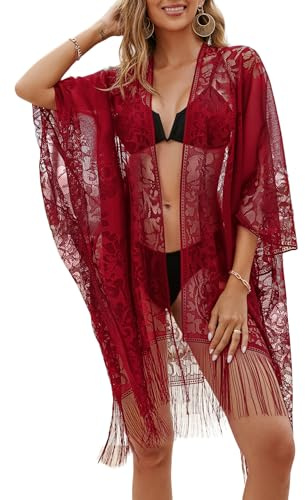 Sexy Elegant Lace Kimono Beach Cover Up for Women, Bathing Suit Cover Up, Open Front Swimsuit Coverup for Vacation, Wine Red