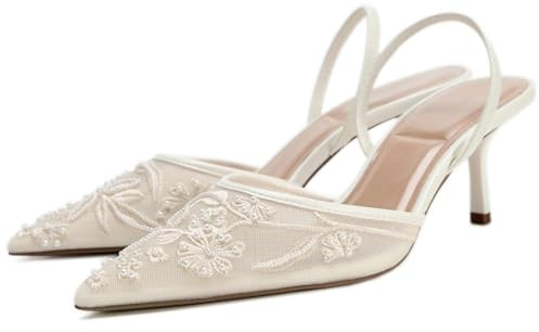 CRETUAO Scarpe col Tacco a Spillo con Cinturino Posteriore e Fiocco da Donna, Tacchi a Gattino con Punta affilata, Perline Ricamate in Rete, Scarpe da Sposa per Feste e Matrimoni,1 White,39 EU