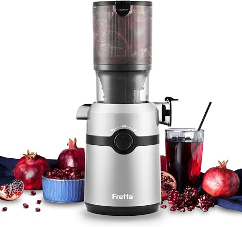 Fretta Extractor de Zumos y Verduras, Apertura de 108MM y Capacidad de 1L, Licuadora Prensado en Frio para Verduras Frutas Enteras, 200W Slow Juicer Machine, Fácil Montaje y Limpieza, Sin BPA(Plata)