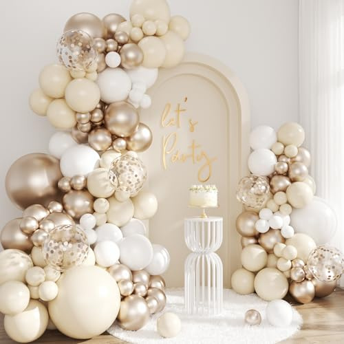 White Sand Champagne Gold Balloon Arch Kit, 143Pcs Metallic Champagne Gold Neutral Balloons Garland Arch Kit Confetti Balloons for First Communion Anniversary Engagement Wedding Birthday Decorations
