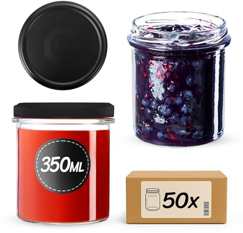 KADAX Tarros de mermelada de 350 ml con tapa de rosca de ø 82 mm, pequeños frascos de envasado con tapa, tarros de envasado para cocinar, tarros de rosca para mermelada y miel (Negro mate, 50 unidades