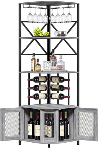 Weinschrank Eckschrank Industrial, Barschrank mit Glashalter, 4-Stöckiger Spirituosenschrank mit Metallgittertüren, Küche Hausbar Buffet-Weinregal, Küchenschrank für die Hausbar oder Kaffeebar