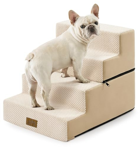 COZY KISS Wide Dog Stairs for Bed & Sofa, Non-Slip Dog Steps for Small & Medium Dogs, Washable Pet Steps with Removable Cover, Supportive Foam 4-Step Pet Stairs for Older Dogs, Cats, Beige, 40x60x45cm