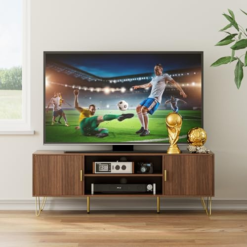 HEYZOEY Black Wood TV Stand for up to 65 Inch TV, 137cm TV Unit with 2 Cabinets and Open Shelves, Modern TV Console Table for Living Room（Walnut）