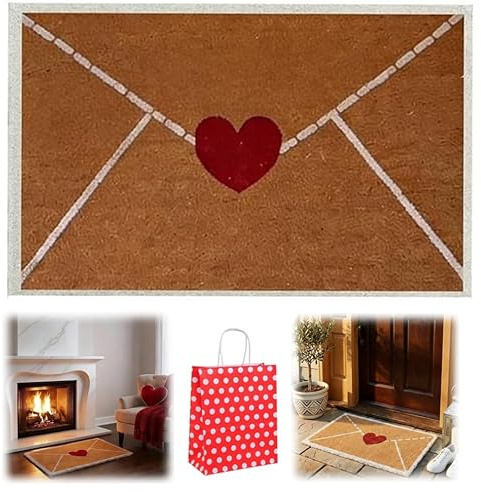 Valentine's Day Red Heart-Shaped Envelope Outdoor Faux Coconut Fiber Doormat, Wear-Resistant Linen Floor Mat,Romantic Outdoor Indoor Entrance Door Mat Non Slip Decor,Four Sizes (23.62 × 35.43 in)