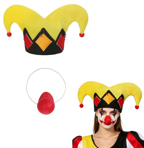 OhMill Jester Cosplay Clown Hat with Red Nose Jester Hats Joker Hats Carnival Hat Halloween Costume