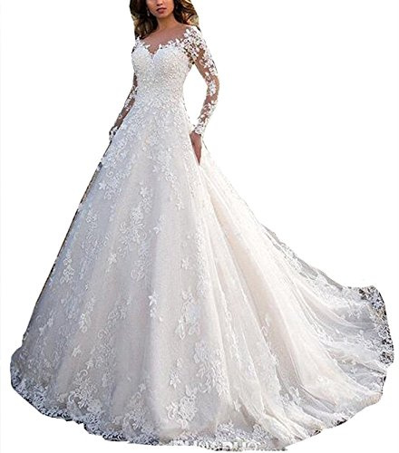 Nanger Donna A Linea Principessa Pizzo Abiti da Sposa Manica Lunga Abiti da Sposa 2018, avorio, 46