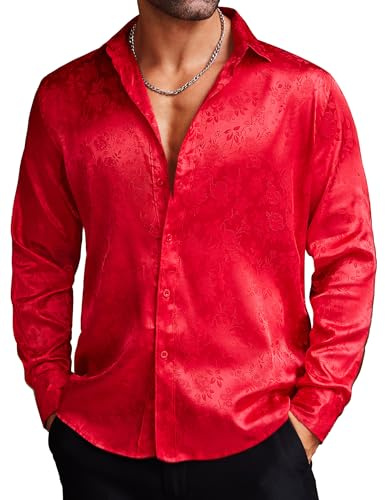 COOFANDY Chemise en satin de soie jacquard à manches longues pour homme, chemise boutonnée pour fête, bal de fin d'année, mariage, Rouge, Taille XL