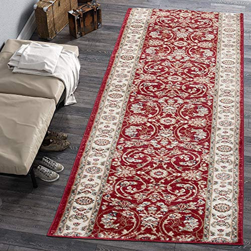 Carpeto Rugs Blumen Teppich Läufer Flur - Orientalisch Teppichläufer - Kurzflor, Weich - Flurläufer für Wohnzimmer, Schlafzimmer - Teppiche - Meterware - Rot Burgund 1-80 x 500 cm