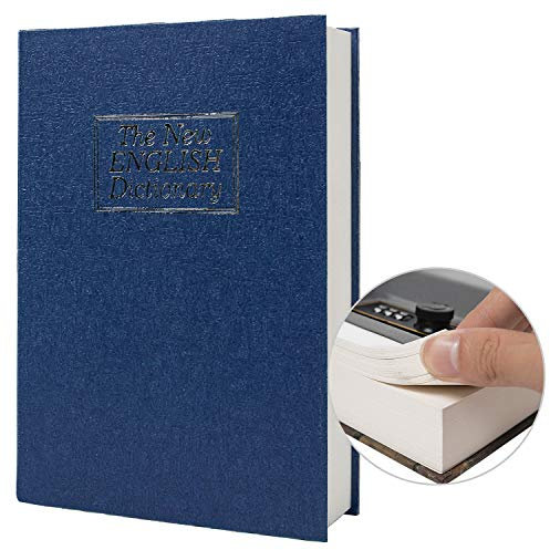 Cassaforte a forma di libro in vera carta, scatola portaoggetti con codice di blocco/chiave, cassaforte a forma di libro sfogliabile (combinazione, dizionario blu)