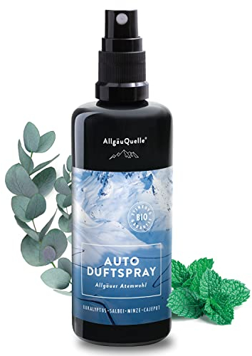 AllgäuQuelle® Auto Duftspray | Der BIO Auto-Duft als natürlicher Auto-Duftspender mit Eukalyptus, Salbei, Minze u. Cajeput | ideales Auto Zubehör für Auto Innenraum und Wohnmobil