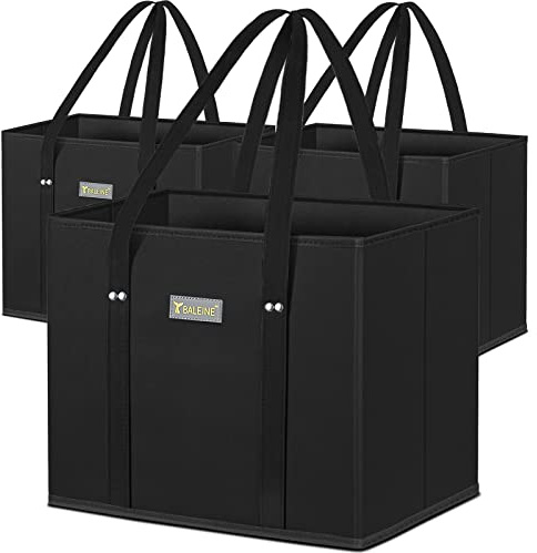 BALEINE 3Pk Reusable Grocery Bags, Foldable Shopping Bags for Groceries with Reinforced Bottom & Handles (Black)