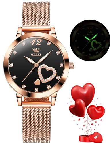 OLEVS Ladies Watch Japanese Quartz Rose Gold Stainless Steel Mesh Strap Diamond Luxury Dress Waterproof Luminous Bracelet Sets (Black)