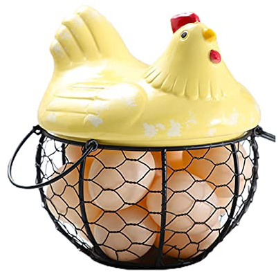 DRYEN Cesto per uova di gallina e uova, per contenere 15 – 20 uova, con coperchio in ceramica, porta uova di ferro con manici