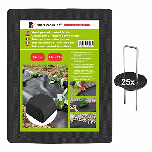 SmartProduct 2,1m x 10m Telo Pacciamatura da Giardino permeabile, Resistente e duraturo 50gsm, Barriera per Erbaccia, Teli pacciamante antistrappo e 25 Filo Picchetti a U di Ancoraggio Zincati