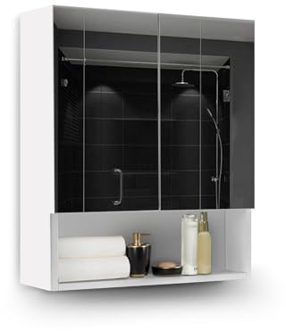 TUKAILAi 2 Doors Bathroom Mirror Cabinet, White Wall Mounted Cabinet with Open Shelf Double Mirrors Storage Cabinet for Bathroom Washroom